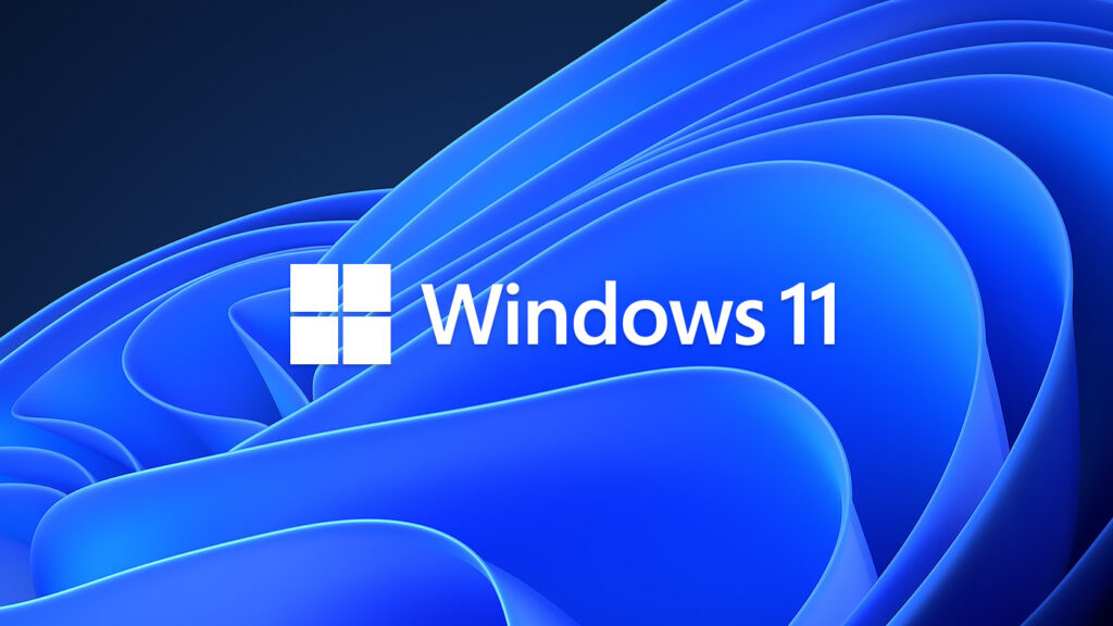 Windows 11 Wallpaper - weißes Windows 11 Logo vor blauen abstrakten Linien